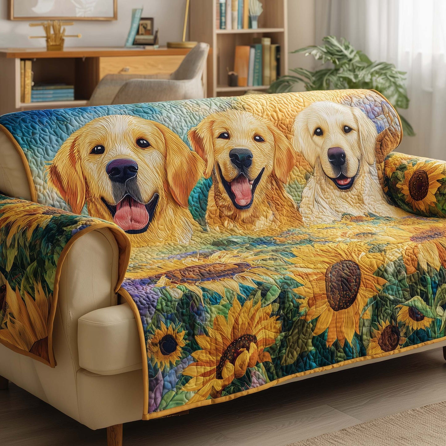 Sunflower Golden Retriever Quilted Sofa Cover Dog And Sunflower Field Present For Owners
