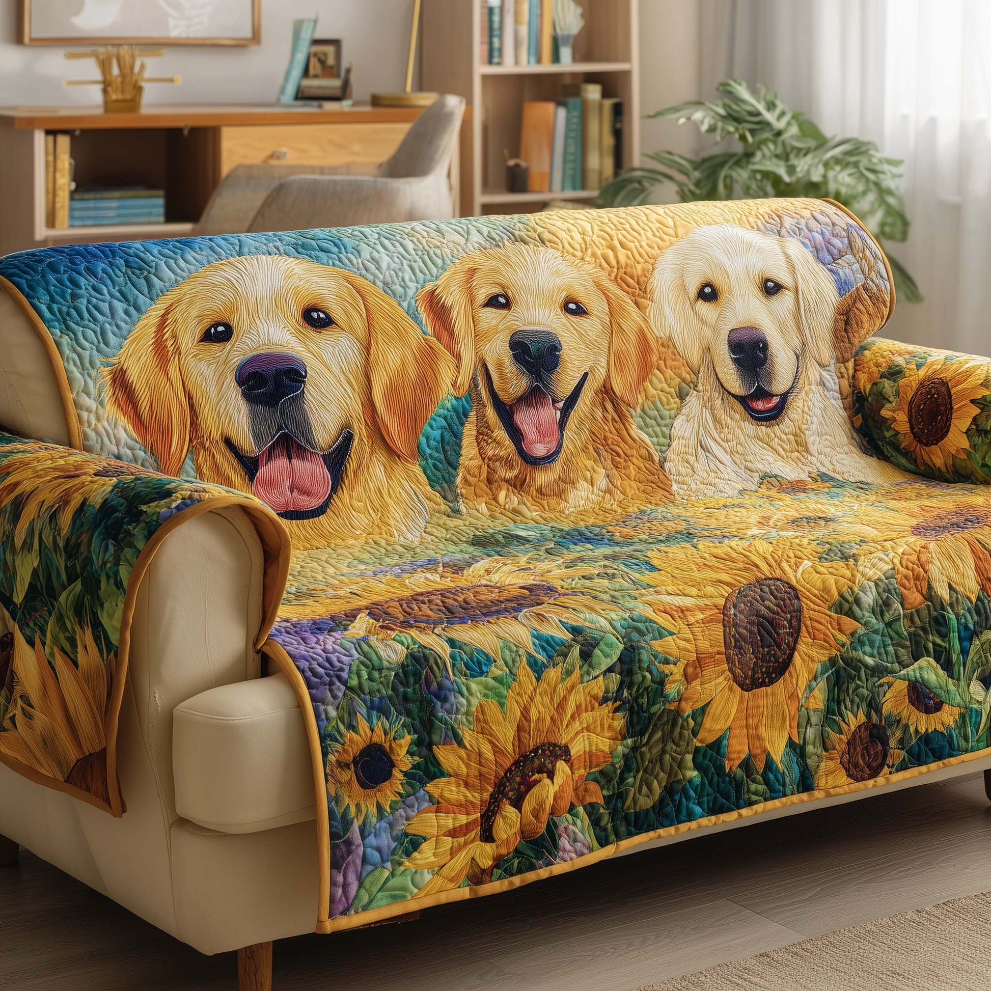Sunflower Golden Retriever Quilted Sofa Cover Dog And Sunflower Field Present For Owners