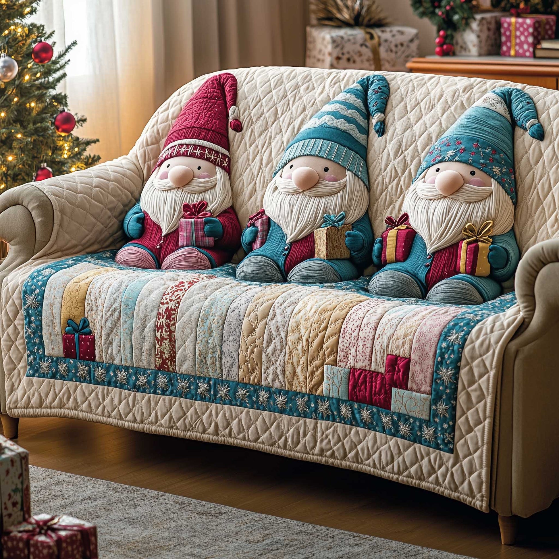 Holiday Glow Quilted Sofa Cover Soft Golden Christmas Glow Christmas Gift For Gnome Lovers