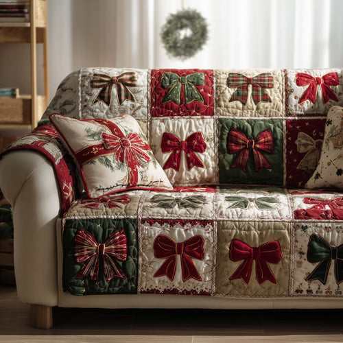 Christmas Coquette Bow Quilted Sofa Cover Cozy Winter Sofa Protector Xmas Gift Ideas Trendyhomewear - Pvr
