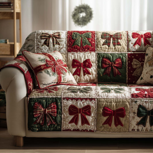 Christmas Coquette Bow Quilted Sofa Cover Cozy Winter Sofa Protector Xmas Gift Ideas Trendyhomewear - Pvr