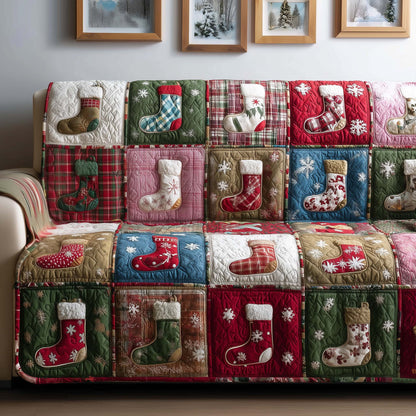 Santa Sock Patchwork Quilted Sofa Cover Cool Xmas Holiday Sofa Protector Sock Related Gifts Trendyhomewear - Pvr