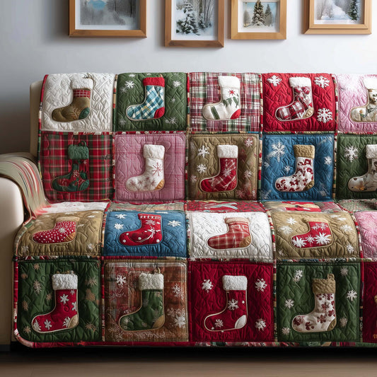 Santa Sock Patchwork Quilted Sofa Cover Cool Xmas Holiday Sofa Protector Sock Related Gifts Trendyhomewear - Pvr