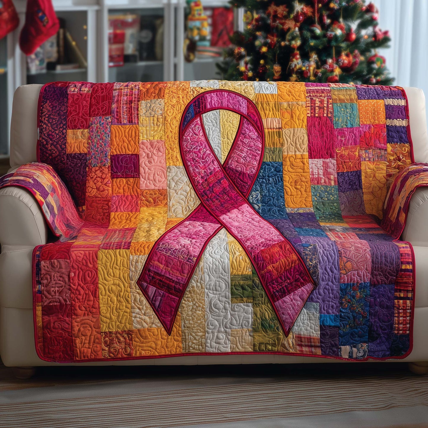 Breast Cancer Ribbon Quilted Sofa Cover Love and Support Ribbon Throw Breast Cancer Survivor Gifts