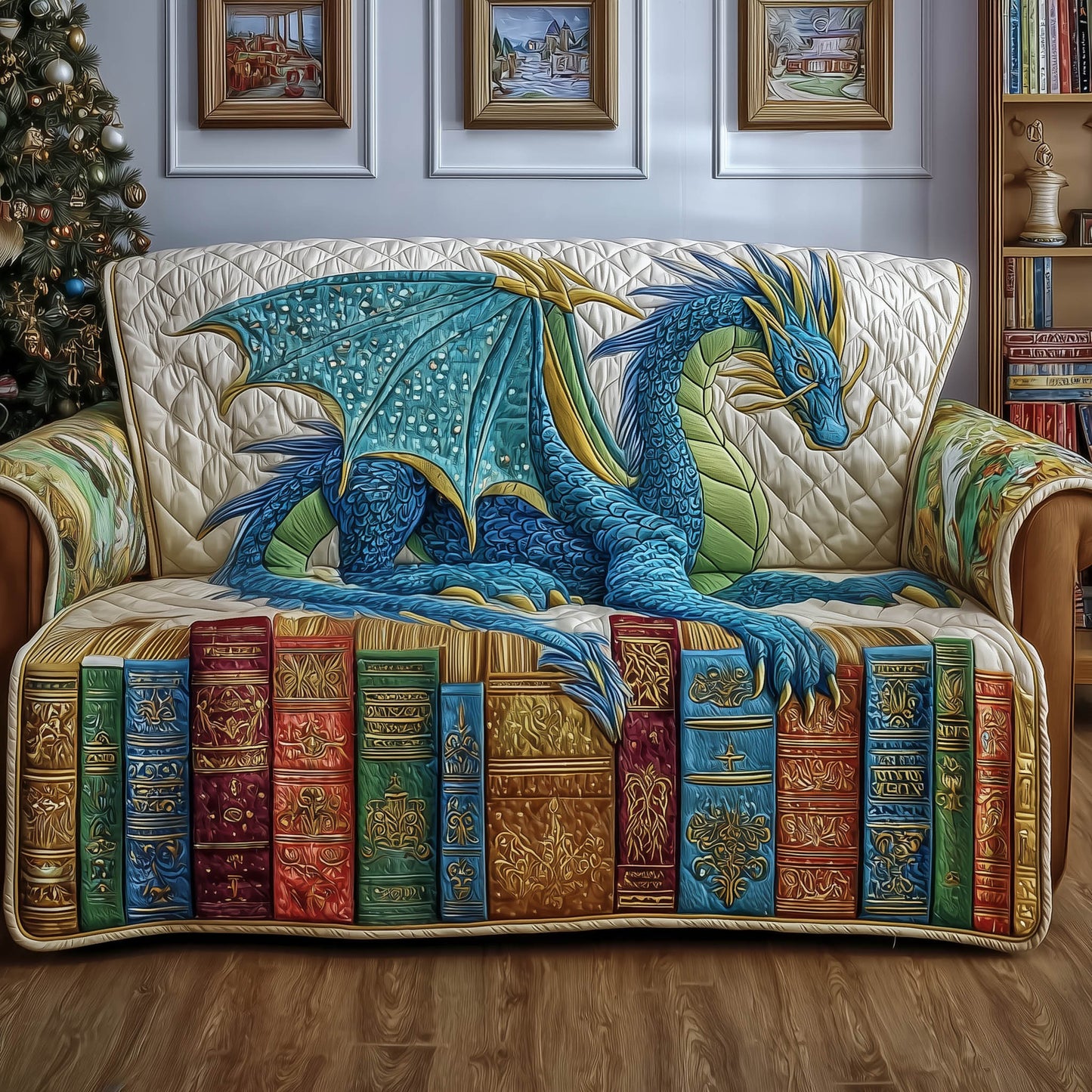 Bookish Dragon Quilted Sofa Cover Mythical Creature In Library Great Dragon Lover Gifts