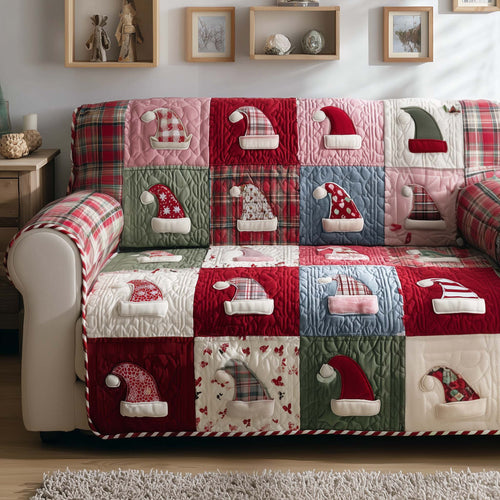 Santa Hats Patchwork Quilted Sofa Cover Christmas Sofa Protector Cozy Santa Hats Gifts Trendyhomewear - Pvr