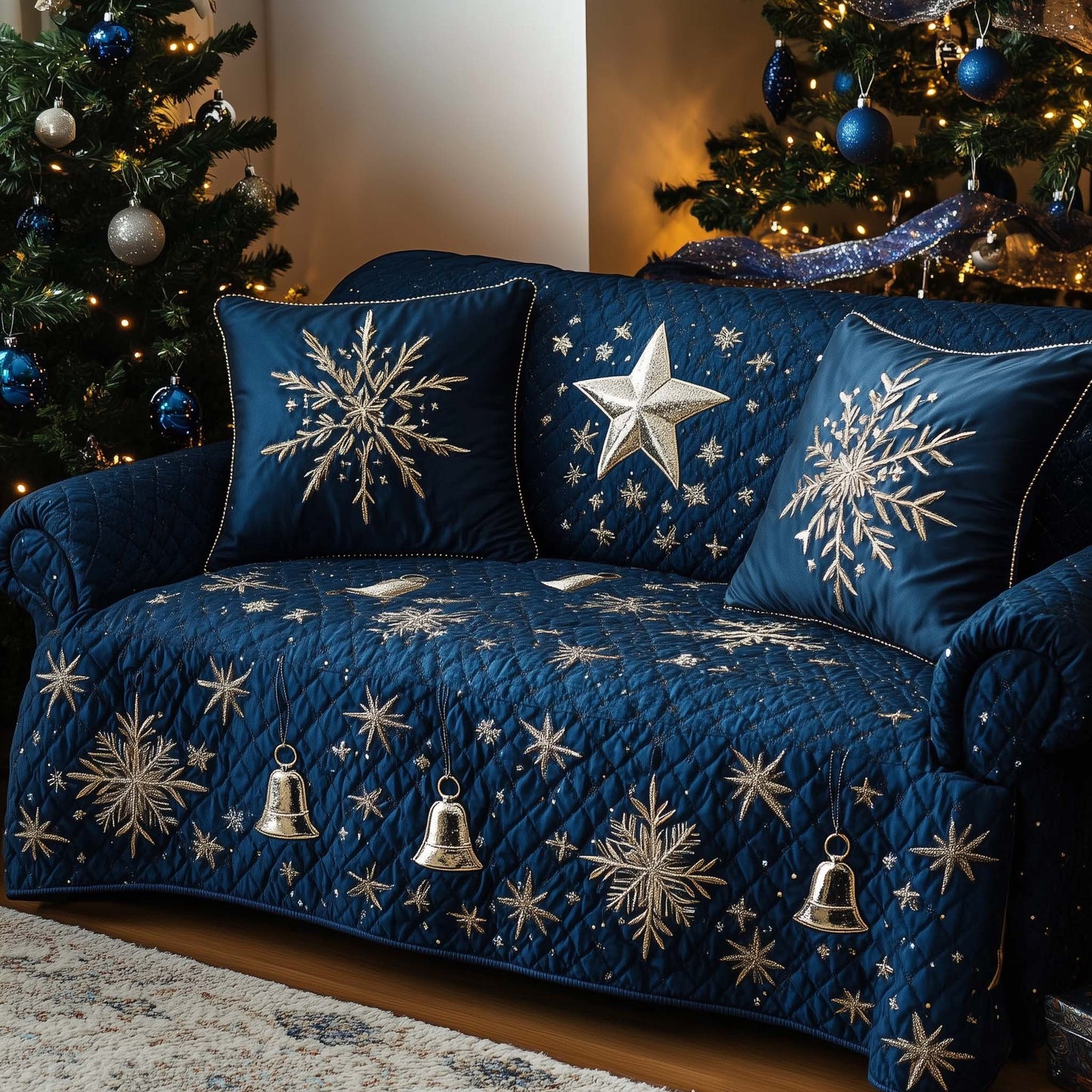 Snowflake Bells Christmas Quilted Sofa Cover Cozy Xmas Couch Protector Gifts For Him Trendyhomewear - Pvr