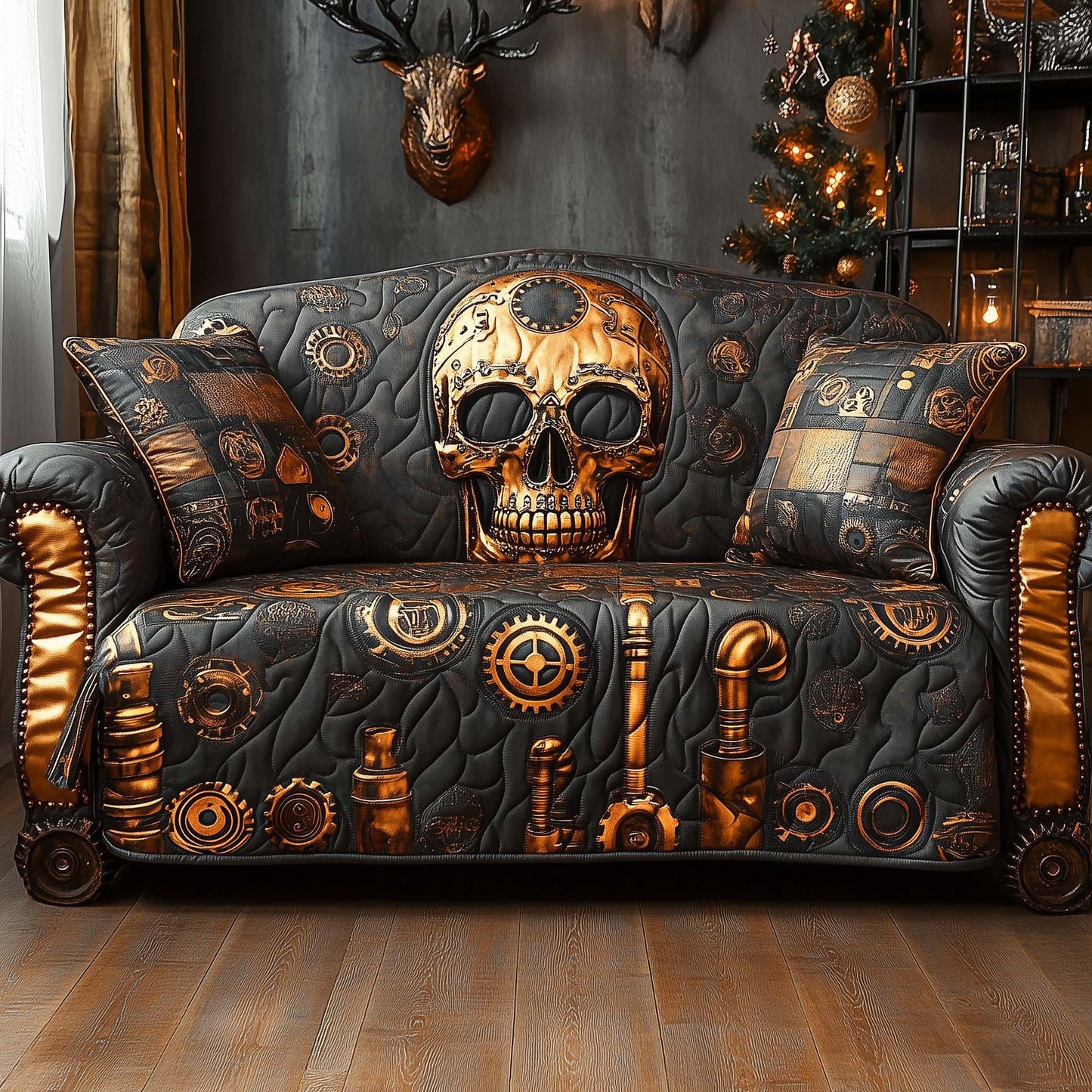 Steampunk Skull Quilted Sofa Cover Cool Christmas Sofa Pad Skull Novelty Gifts For Him Trendyhomewear - Pvr