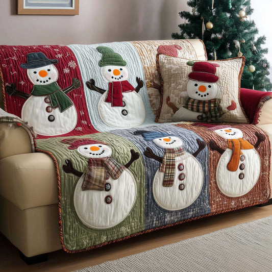 Holly Jolly Snowman Quilted Sofa Cover Xmas Couch Protector Cozy Decor Snowman Gifts Trendyhomewear - Pvr