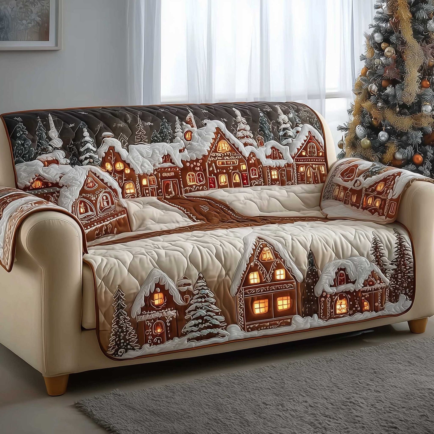 Gingerbread Town Quilted Sofa Cover Christmas Sofa Furniture Gingerbread Themed Gifts Trendyhomewear - Pvr
