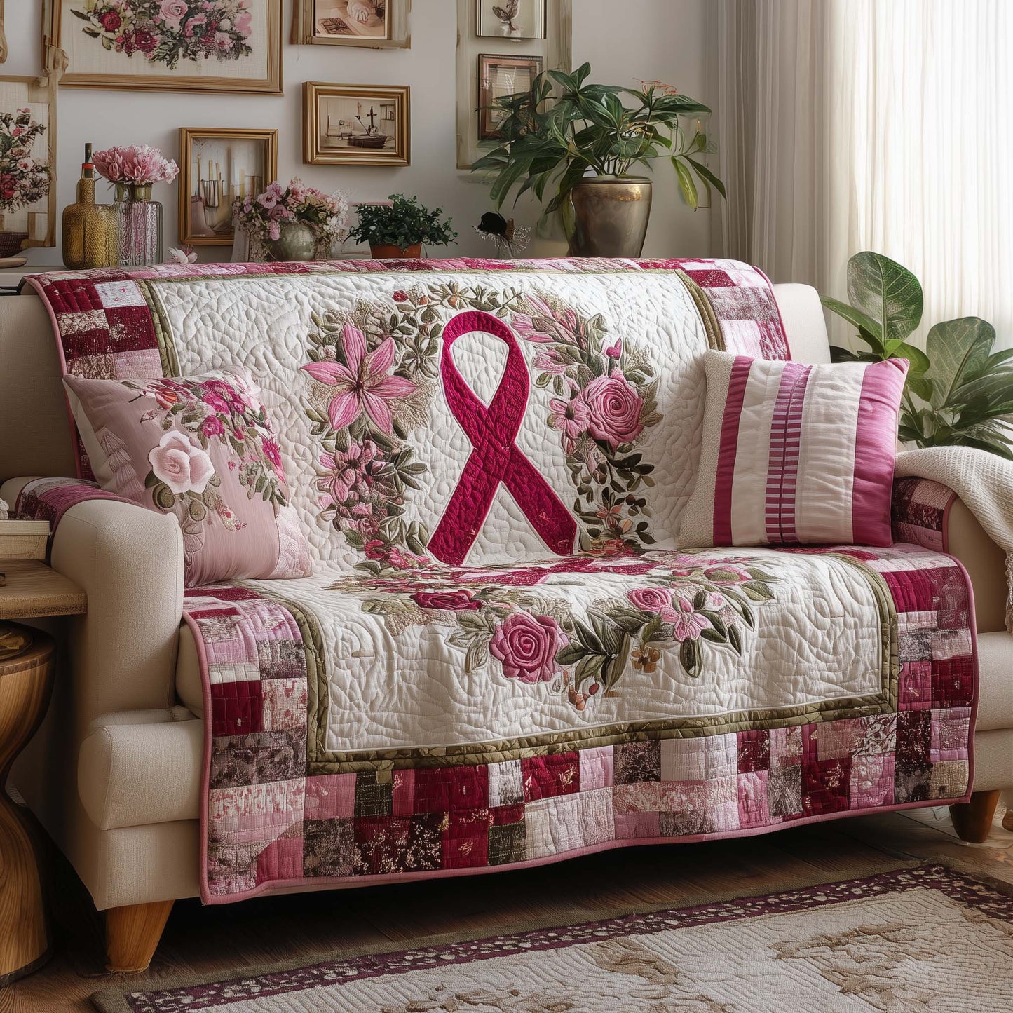 Breast Cancer Ribbon Quilted Sofa Cover Inspirational Awareness Motif Breast Cancer Survivor Gifts