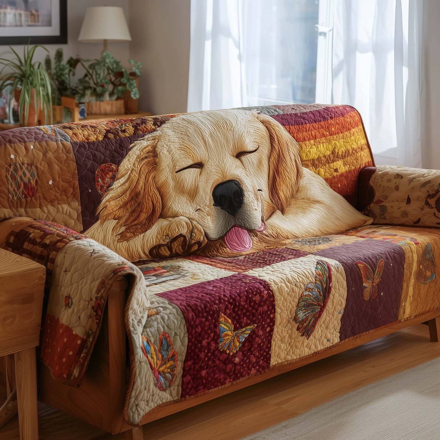 Sleepy Golden Retriever Quilted Sofa Cover Cozy Dog Dream Unique Present For Smart Dog