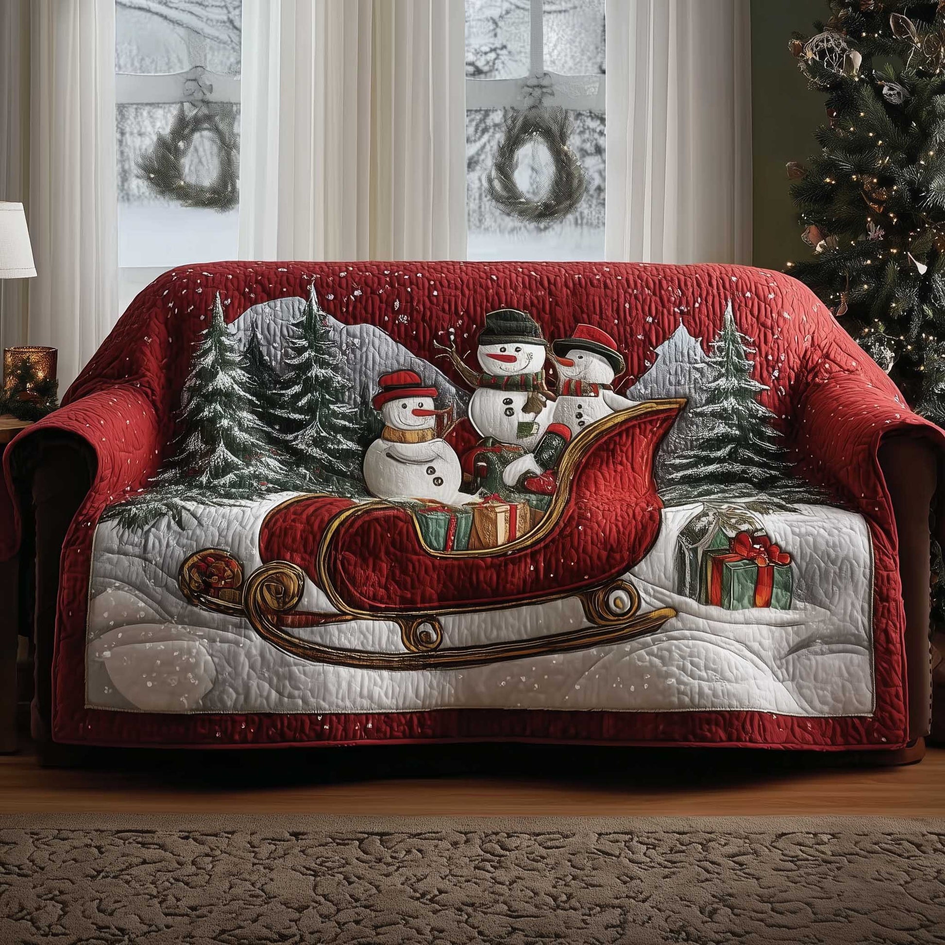 Snowman Lane Quilted Sofa Cover Cozy Snowman Winter Accent Presents For Family