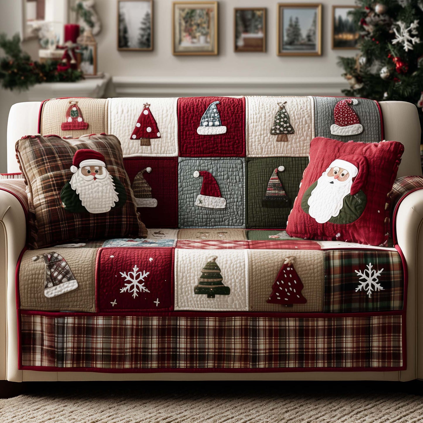 Santa Hats Patchwork Quilted Sofa Cover Xmas Couch Furniture Winter Santa Based Gifts Trendyhomewear - Pvr