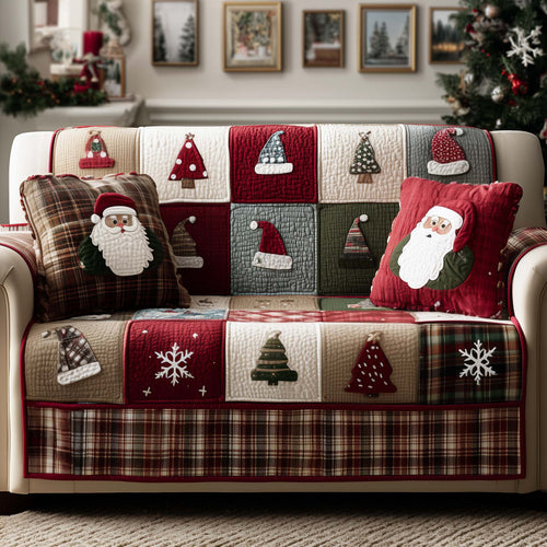 Santa Hats Patchwork Quilted Sofa Cover Xmas Couch Furniture Winter Santa Based Gifts Trendyhomewear - Pvr