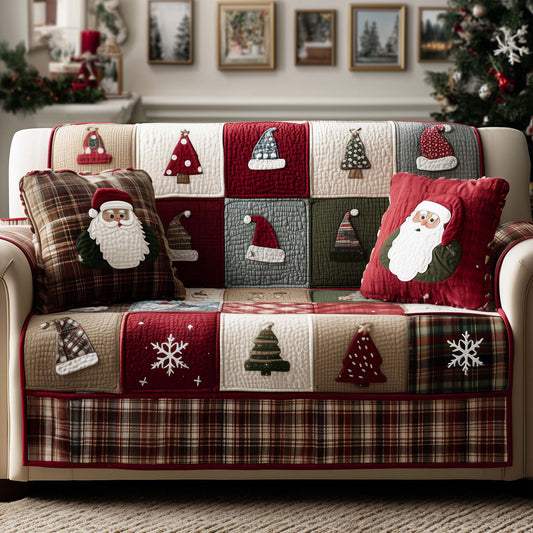 Santa Hats Patchwork Quilted Sofa Cover Xmas Couch Furniture Winter Santa Based Gifts Trendyhomewear - Pvr