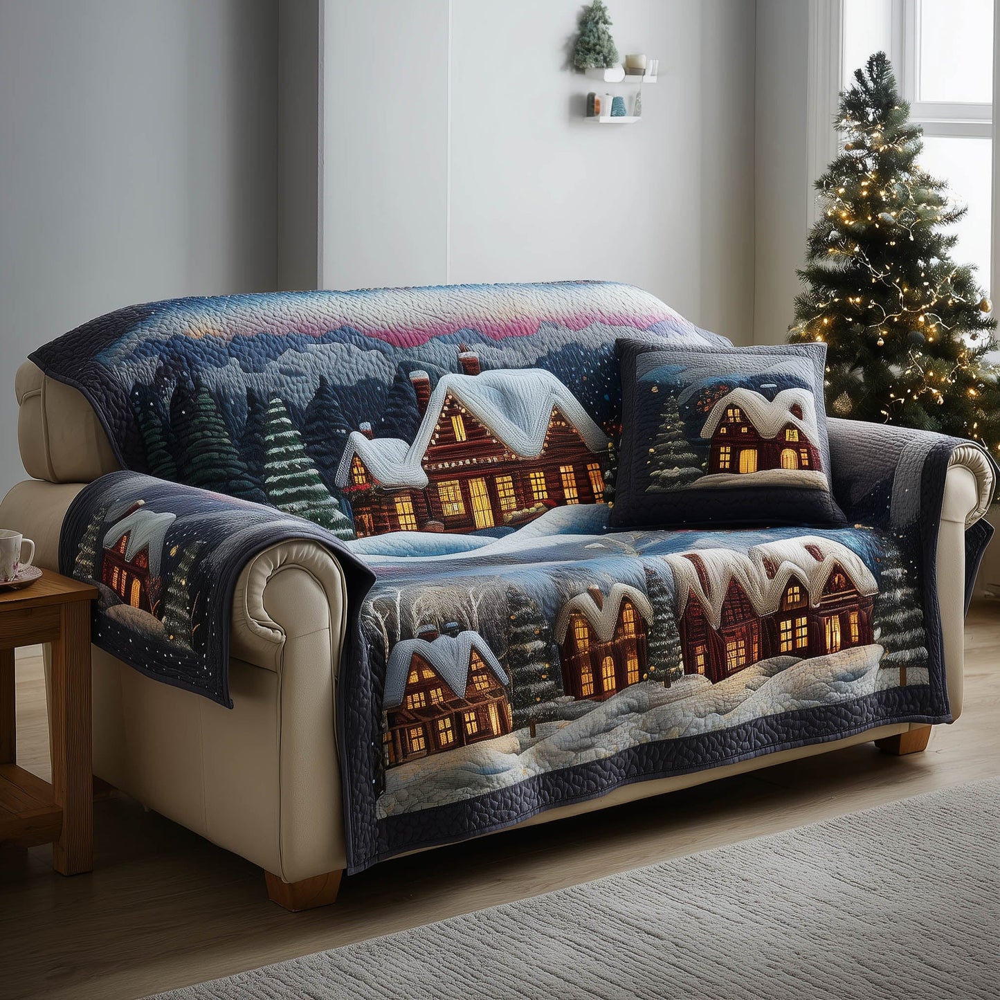 Snowy Town Quilted Sofa Cover Cozy Christmas Sofa Protector Winter Inspired Gifts Decor Trendyhomewear - Pvr