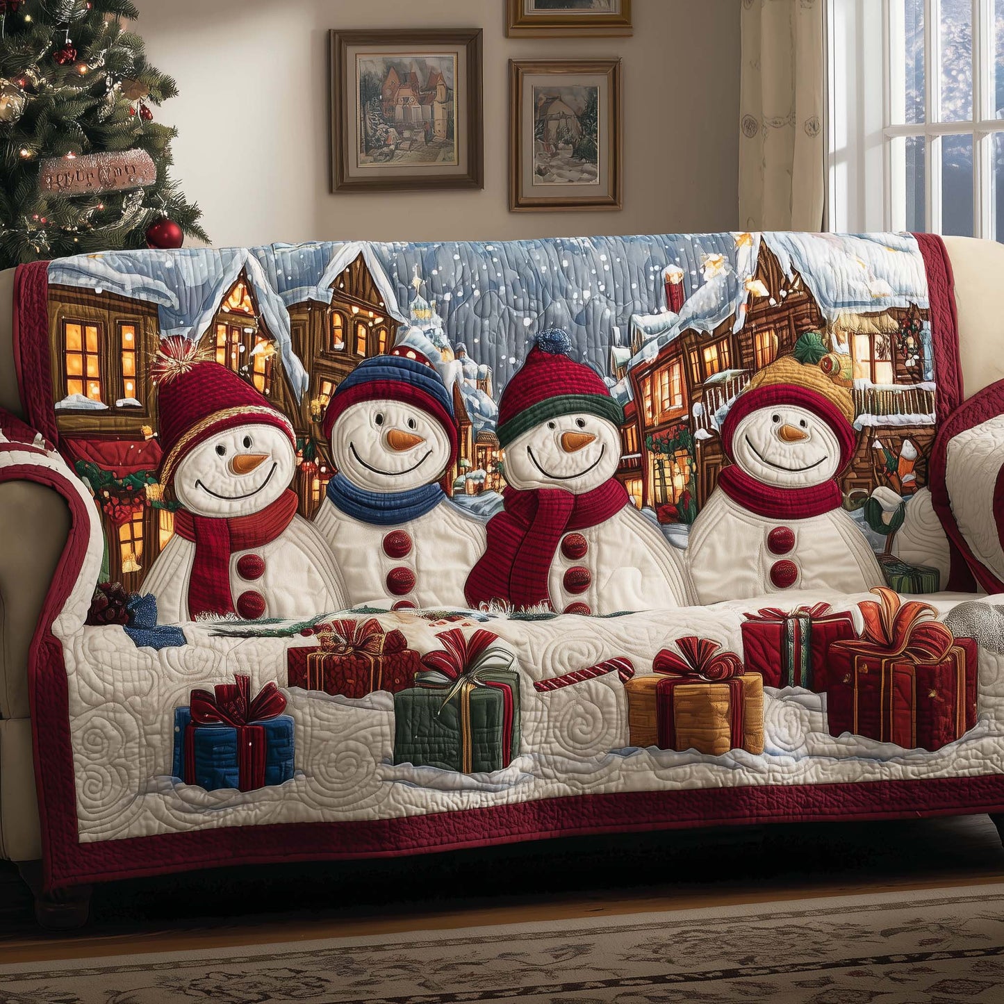 Snowman Village Quilted Sofa Cover Christmas Holiday Sofa Pad Cute Snowman Gifts For Him Trendyhomewear - Pvr