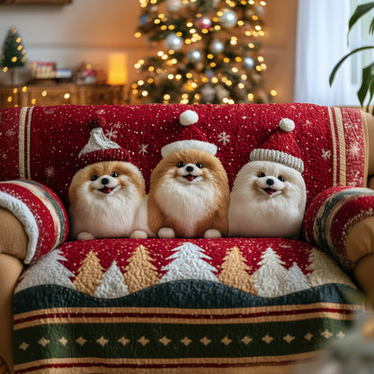 Pomeranian Squad Quilted Sofa Cover Xmas Sofa Furniture Gift Decor For Pomeranian Lovers Trendyhomewear - Pvr