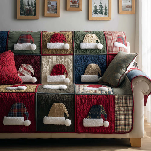 Santa Hats Patchwork Quilted Sofa Cover Xmas Holiday Sofa Pad Santa Related Gifts For Mom Trendyhomewear - Pvr