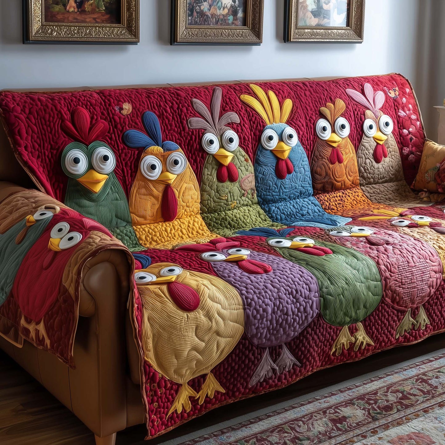 Chicken Googly-Eyed Quilted Sofa Cover Holiday Couch Cushion Chicken Related Gifts Decor Trendyhomewear - Pvr