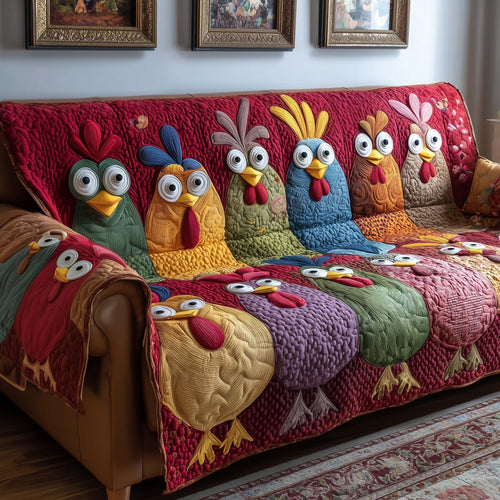 Chicken Googly-Eyed Quilted Sofa Cover Holiday Couch Cushion Chicken Related Gifts Decor Trendyhomewear - Pvr