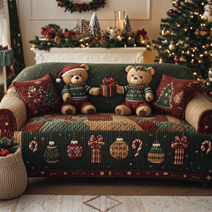 Christmas Teddy Bears Quilted Sofa Cover Xmas Holiday Sofa Pad Teddy Bears Decor Gifts Trendyhomewear - Pvr