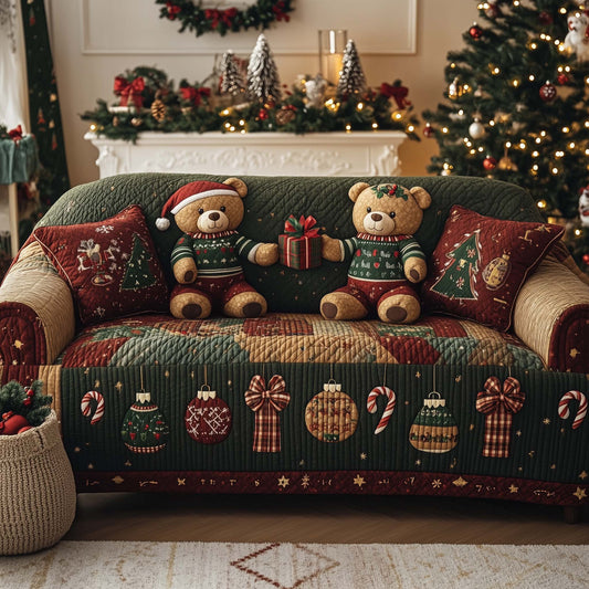 Christmas Teddy Bears Quilted Sofa Cover Xmas Holiday Sofa Pad Teddy Bears Decor Gifts Trendyhomewear - Pvr