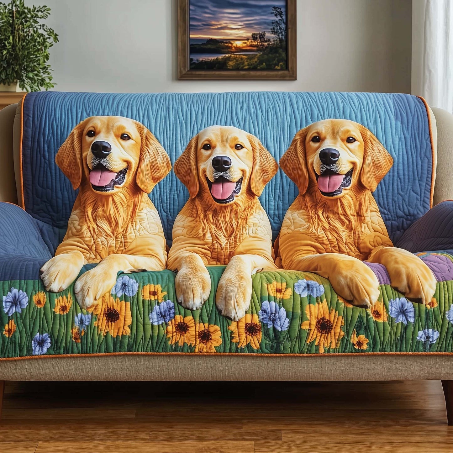 Golden Retriever Quilted Sofa Cover Christmas Sofa Furniture Holiday Decor Dog Lover Gifts Trendyhomewear - Pvr