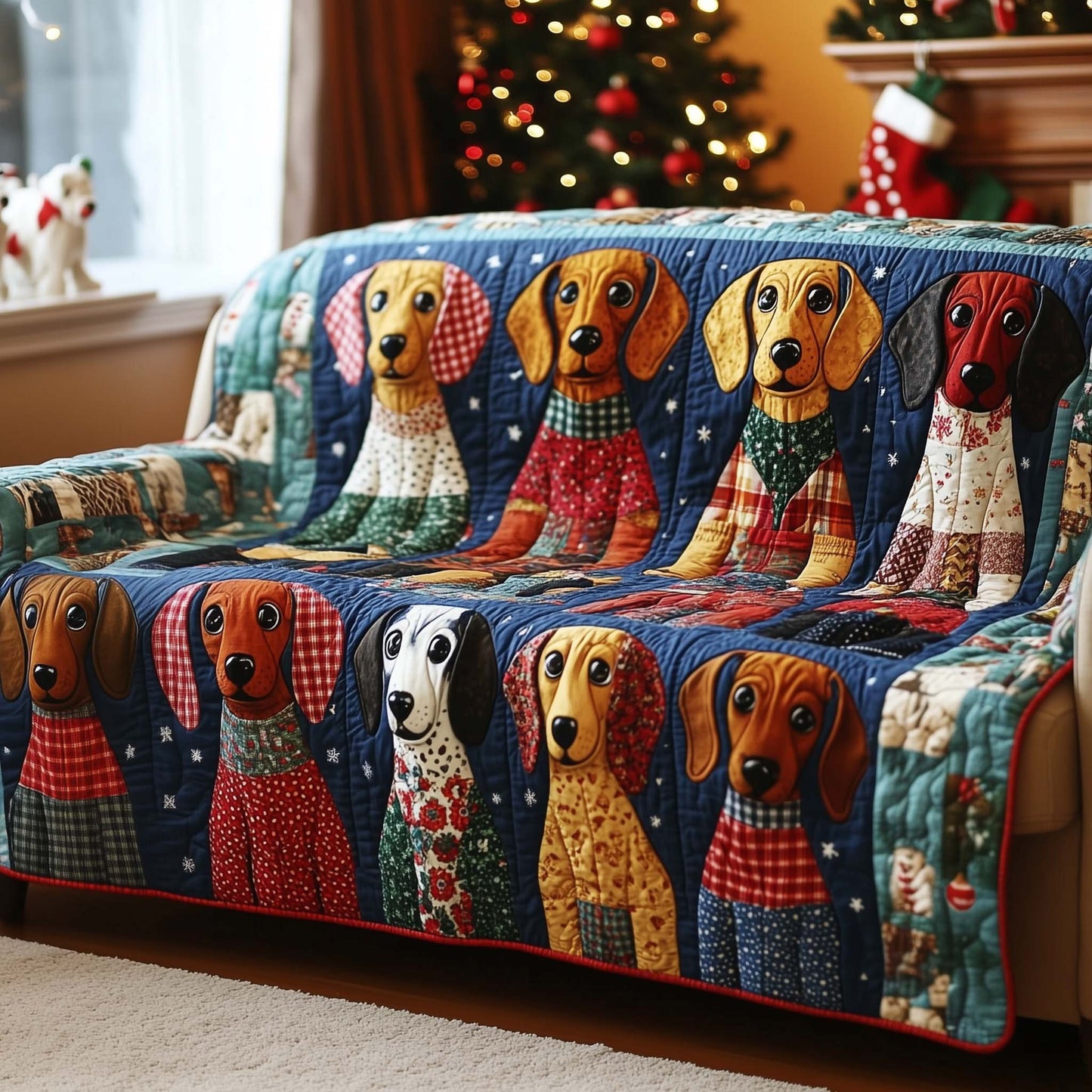 Holiday Dachshund Christmas Quilted Sofa Cover Cozy Xmas Couch Cushion Dog Inspired Gifts Trendyhomewear - Pvr