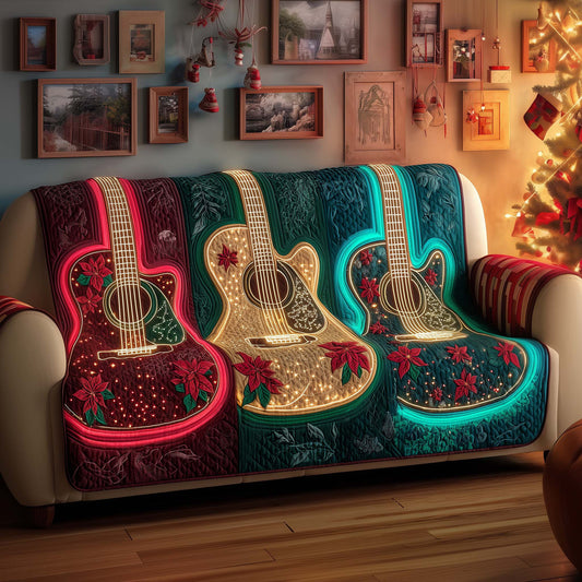 Guitar Neon Light Quilted Sofa Cover Christmas Sofa Furniture Cool Guitar Novelty Gifts Trendyhomewear - Pvr