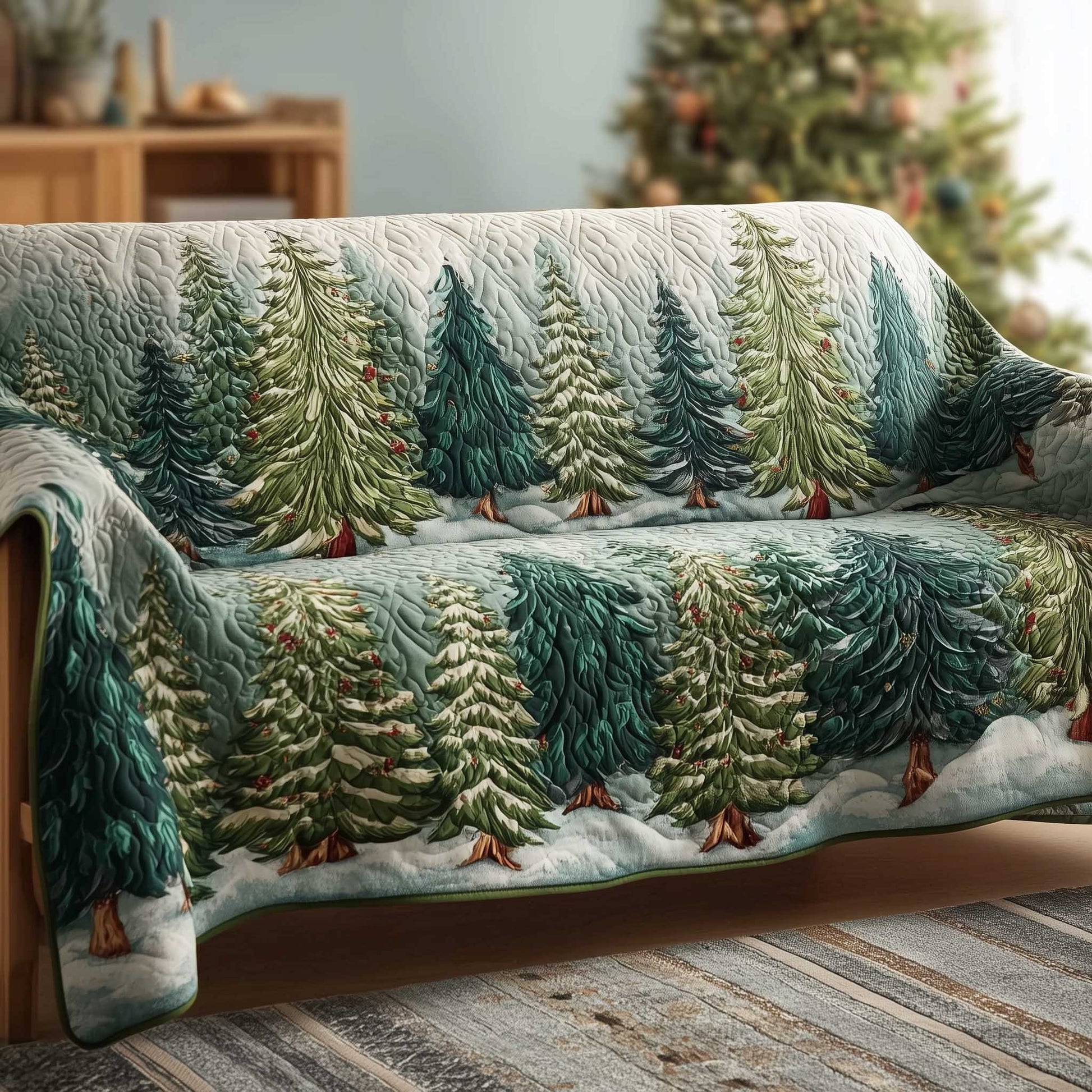 Forest Vibe Quilted Sofa Cover Natural Tree Line Sofa Cover Christmas Home Decor Gift Idea