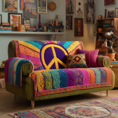 Peace Sign Quilted Sofa Cover Xmas Holiday Couch Furniture Winter Peace Themed Gifts Trendyhomewear - Pvr