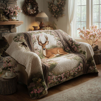 Spring Deer Heaven Quilted Sofa Cover Fawn and Flowers Meadow Deer Themed Gifts For Him