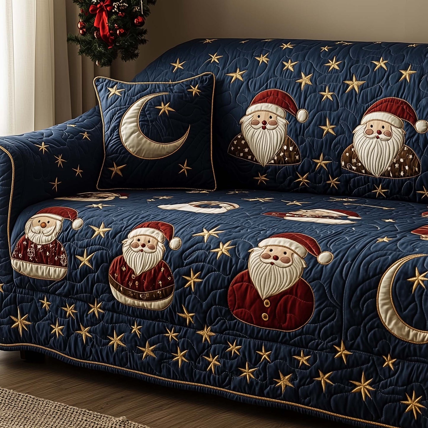 Santa Christmas Starry Night Quilted Sofa Cover Christmas Sofa Pad Santa Themed Gifts Trendyhomewear - Pvr