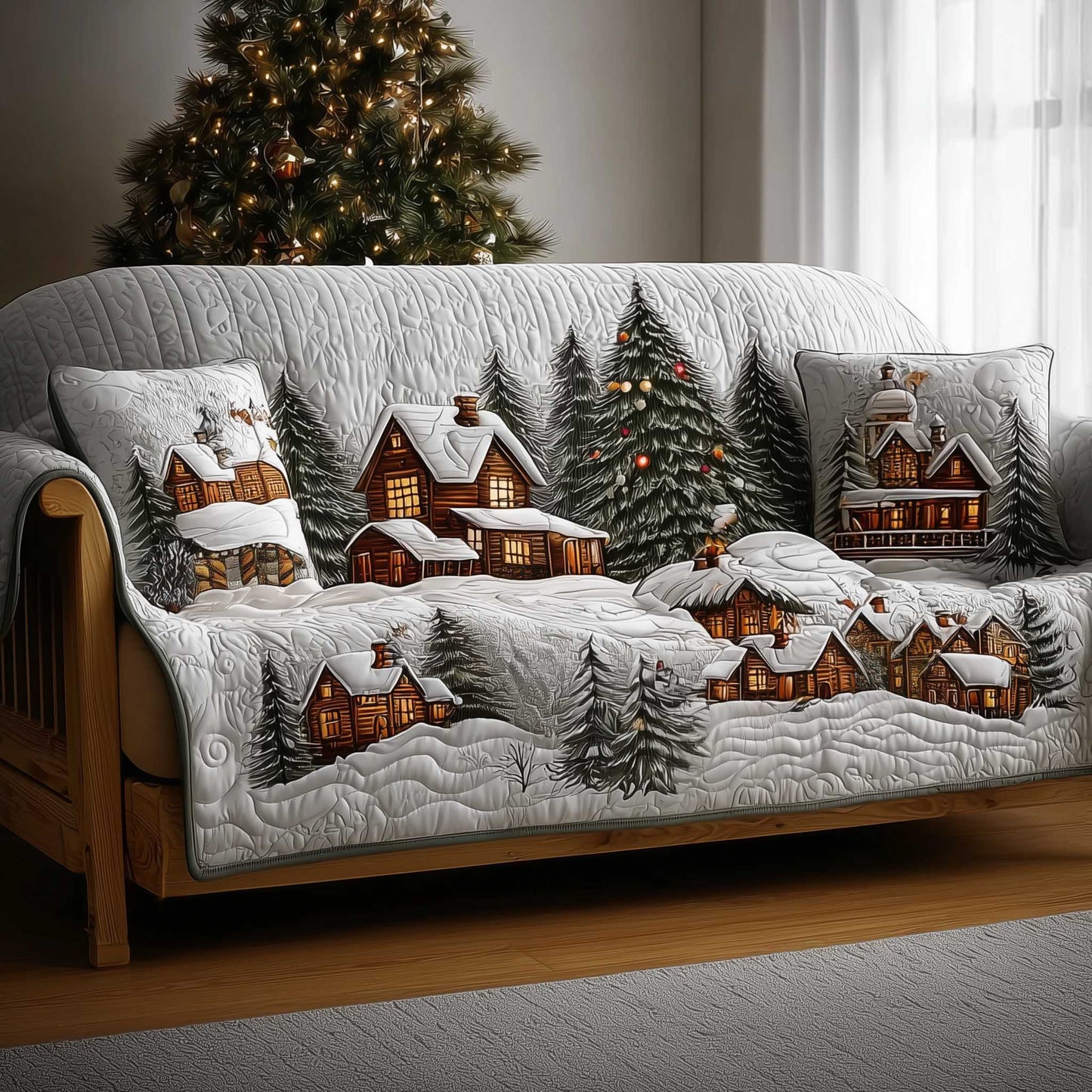Winter Cabin Quilted Sofa Cover Tranquil Snowy Retreat Design Gifts For House Warming