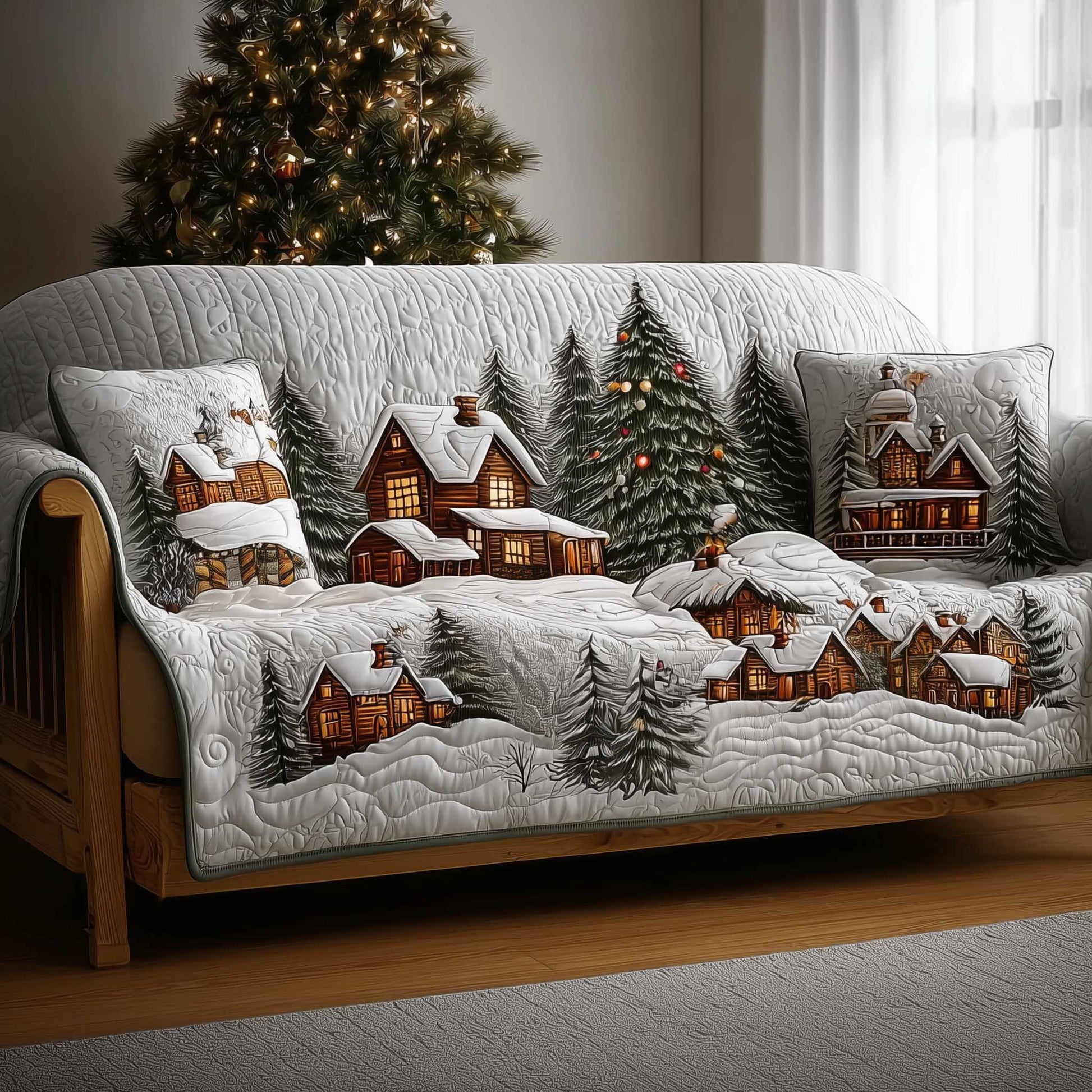 Winter Cabin Quilted Sofa Cover Tranquil Snowy Retreat Design Gifts For House Warming