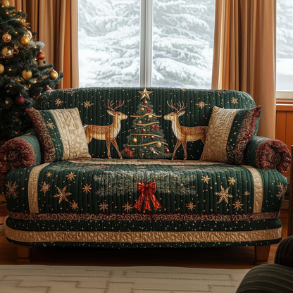 Reindeer Couple Quilted Sofa Cover Xmas Holiday Couch Protector Reindeer Lover Gift Decor Trendyhomewear - Pvr