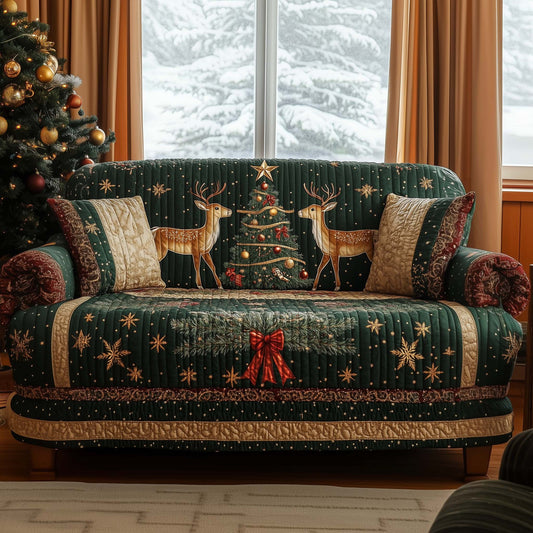 Reindeer Couple Quilted Sofa Cover Xmas Holiday Couch Protector Reindeer Lover Gift Decor Trendyhomewear - Pvr