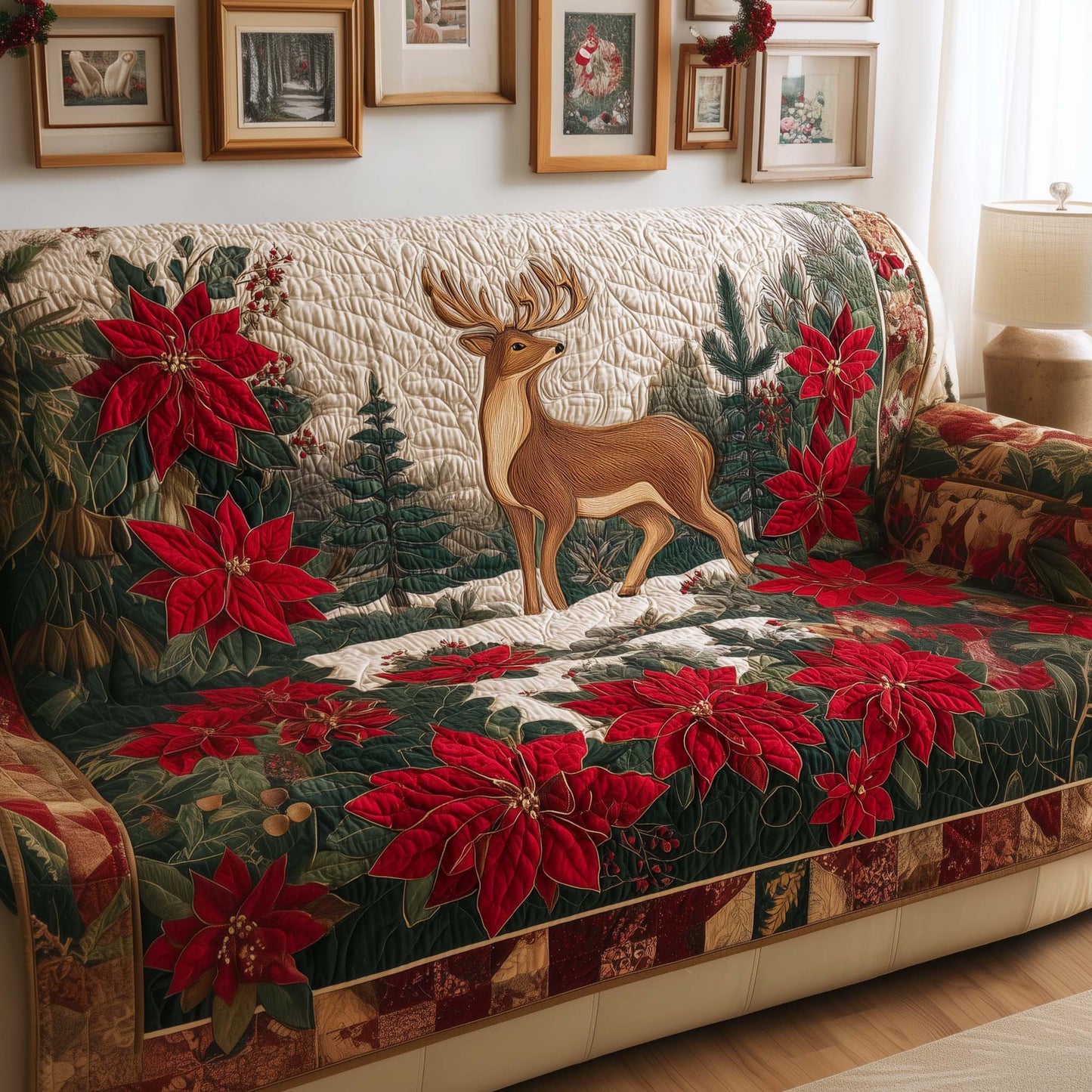 Reindeer Poinsettia Quilted Sofa Cover Cozy Xmas Sofa Protector Poinsettia Item Gifts Merch Trendyhomewear - Pvr