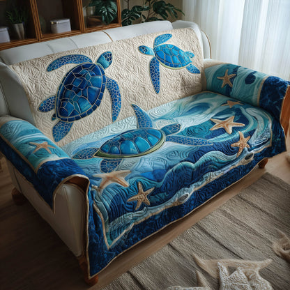 Ocean Breeze Quilted Sofa Cover Light Blue Coastal Wave Design Sea Turtle Gift Ideas