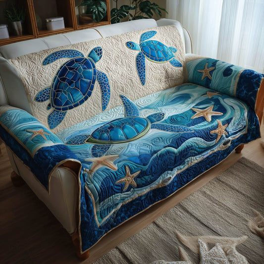 Ocean Breeze Quilted Sofa Cover Light Blue Coastal Wave Design Sea Turtle Gift Ideas