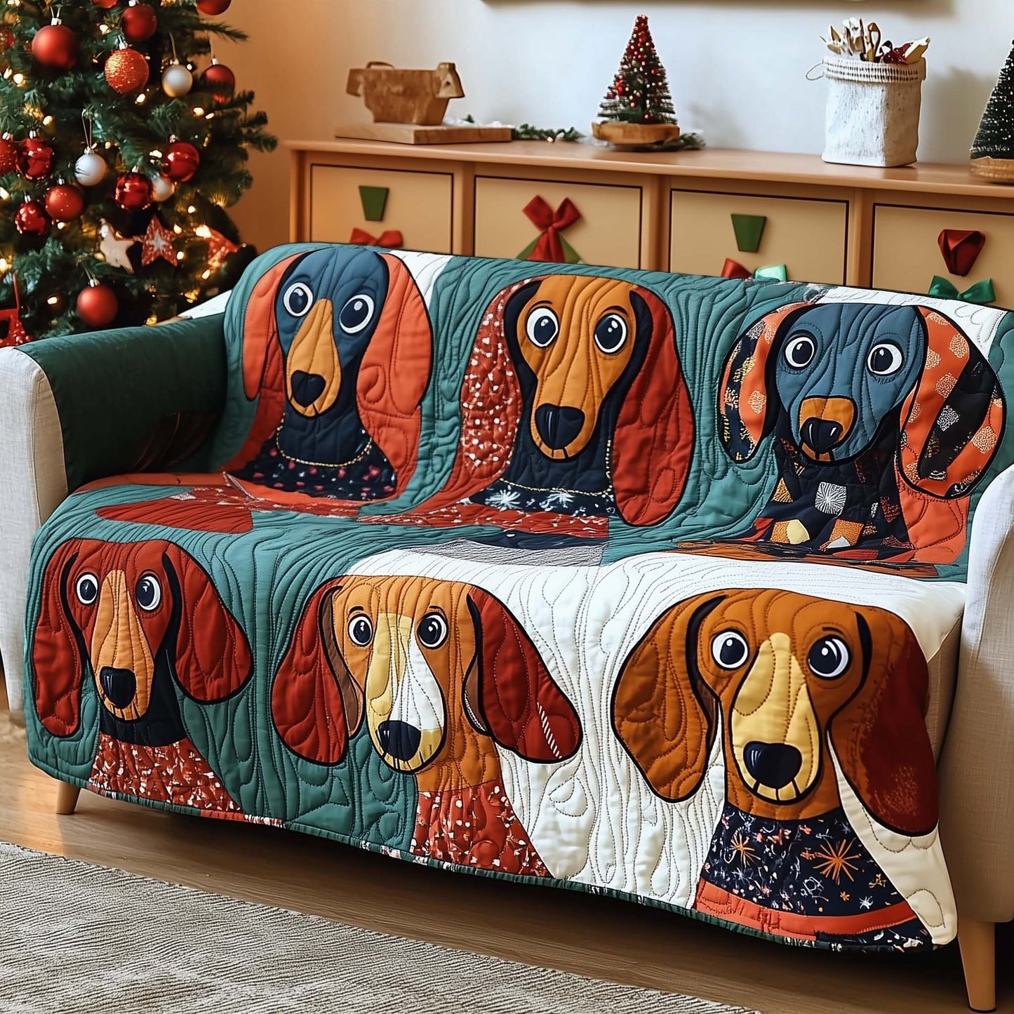 Snuggle Season Dachshund Quilted Sofa Cover Cute Holiday Couch Protector Dog Owner Gifts Trendyhomewear - Pvr