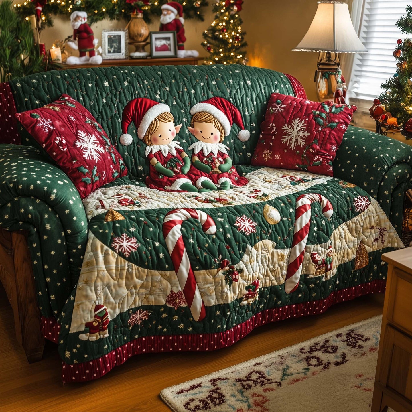 Christmas Elves Quilted Sofa Cover Cozy Holiday Couch Cushion Elf Themed Decor Gifts Trendyhomewear - Pvr
