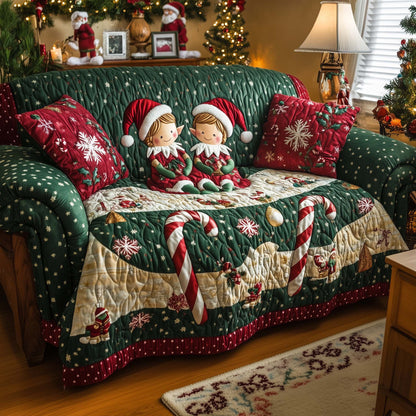 Christmas Elves Quilted Sofa Cover Cozy Holiday Couch Cushion Elf Themed Decor Gifts Trendyhomewear - Pvr