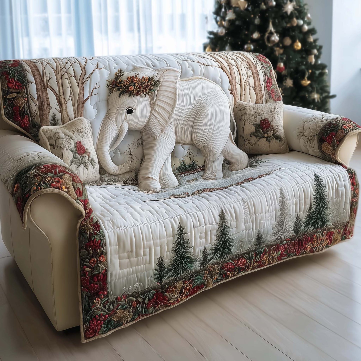 Elephant White Winter Quilted Sofa Cover Holiday Sofa Protector Elephant Item Gifts For Her Trendyhomewear - Pvr