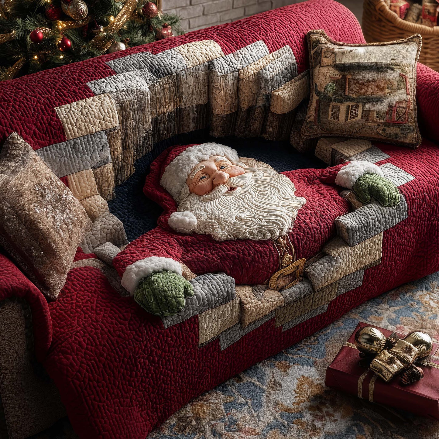 Resting Claus Holiday Quilted Sofa Cover Red Christmas Couch Protector Santa Item Gifts Trendyhomewear - Pvr