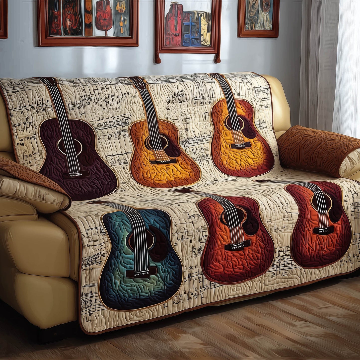 Guitar Harmony Quilted Sofa Cover Cozy Sofa Protector Christmas Presents For Guitarists Trendyhomewear - Pvr