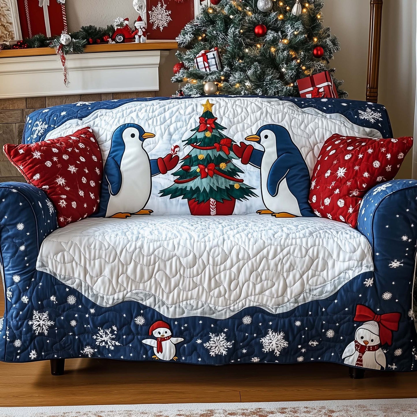 Penguin Xmas Decorators Quilted Sofa Cover Holiday Sofa Protector Penguin Decor Gifts Trendyhomewear - Pvr