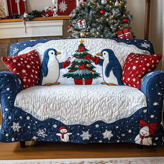 Penguin Xmas Decorators Quilted Sofa Cover Holiday Sofa Protector Penguin Decor Gifts Trendyhomewear - Pvr